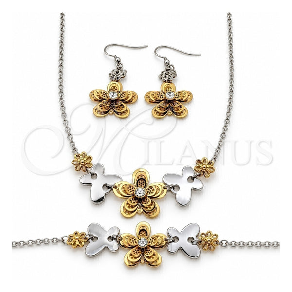 Stainless Steel Necklace, Bracelet and Earring, Flower and Butterfly Design, with White Crystal, Polished, Two Tone, 06.116.0168