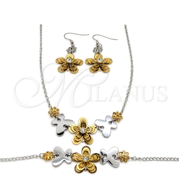 Stainless Steel Necklace, Bracelet and Earring, Flower and Butterfly Design, with White Crystal, Polished, Two Tone, 06.116.0168