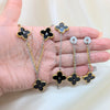 Stainless Steel Necklace, Bracelet and Earring, Flower Design, Black Enamel Finish, Golden Finish, 06.116.0170