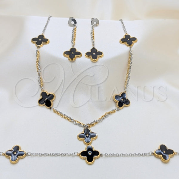 Stainless Steel Necklace, Bracelet and Earring, Flower Design, Black Enamel Finish, Golden Finish, 06.116.0170