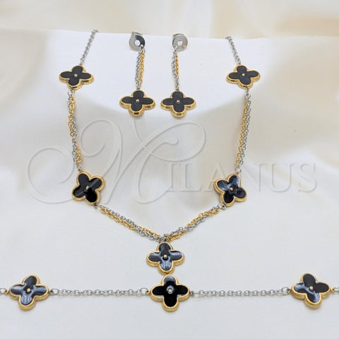 Stainless Steel Necklace, Bracelet and Earring, Flower Design, Black Enamel Finish, Golden Finish, 06.116.0170