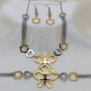 Stainless Steel Necklace, Bracelet and Earring, Heart and Flower Design, Black Polished, Two Tone, 06.116.0171