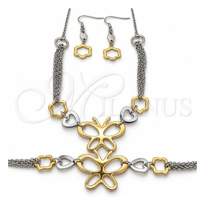 Stainless Steel Necklace, Bracelet and Earring, Heart and Flower Design, Black Polished, Two Tone, 06.116.0171