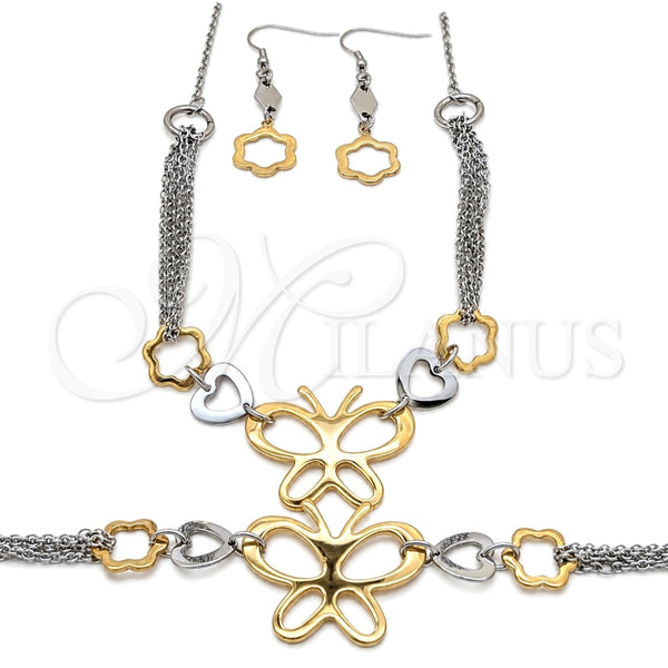 Stainless Steel Necklace, Bracelet and Earring, Heart and Flower Design, Black Polished, Two Tone, 06.116.0171