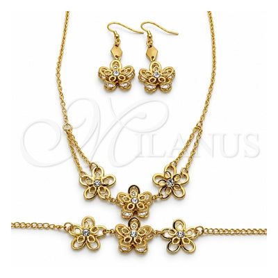 Stainless Steel Necklace, Bracelet and Earring, Flower Design, with White Crystal, Black Polished, Golden Finish, 06.116.0172