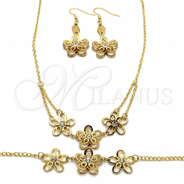 Stainless Steel Necklace, Bracelet and Earring, Flower Design, with White Crystal, Black Polished, Golden Finish, 06.116.0172