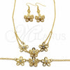 Stainless Steel Necklace, Bracelet and Earring, Flower Design, with White Crystal, Black Polished, Golden Finish, 06.116.0172