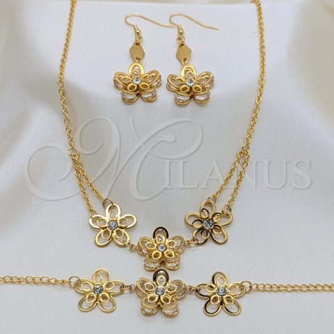 Stainless Steel Necklace, Bracelet and Earring, Flower Design, with White Crystal, Black Polished, Golden Finish, 06.116.0172