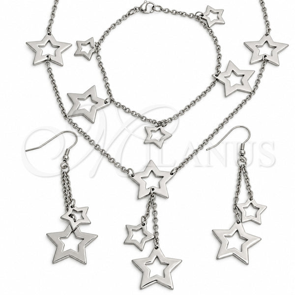 Stainless Steel Necklace, Bracelet and Earring, Star Design, Polished, Rhodium Finish, 06.116.0174