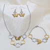 Stainless Steel Necklace, Bracelet and Earring, Butterfly and Flower Design, Polished, Two Tone, 06.116.0176