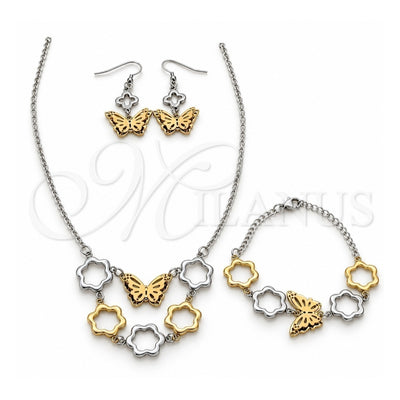 Stainless Steel Necklace, Bracelet and Earring, Butterfly and Flower Design, Polished, Two Tone, 06.116.0176