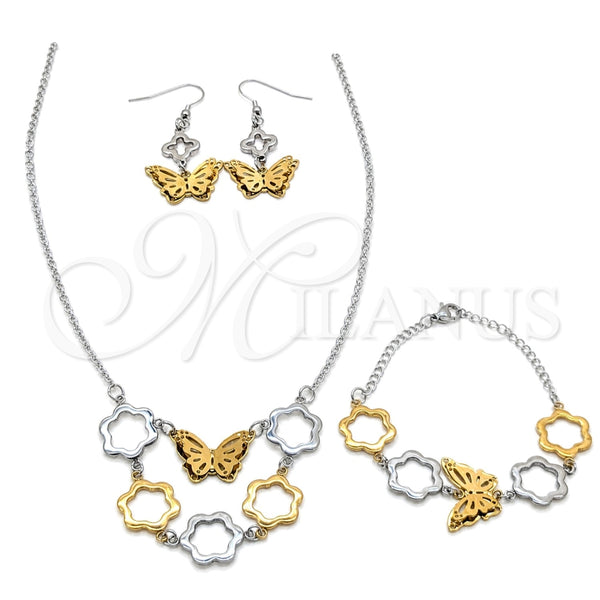 Stainless Steel Necklace, Bracelet and Earring, Butterfly and Flower Design, Polished, Two Tone, 06.116.0176