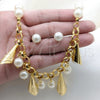 Stainless Steel Necklace, Bracelet and Earring, Ball Design, with White Platina Pearl, Polished, Golden Finish, 06.116.0179