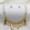 Stainless Steel Necklace, Bracelet and Earring, Ball Design, with White Platina Pearl, Polished, Golden Finish, 06.116.0179