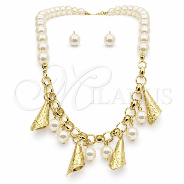 Stainless Steel Necklace, Bracelet and Earring, Ball Design, with White Platina Pearl, Polished, Golden Finish, 06.116.0179