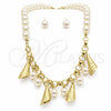 Stainless Steel Necklace, Bracelet and Earring, Ball Design, with White Platina Pearl, Polished, Golden Finish, 06.116.0179