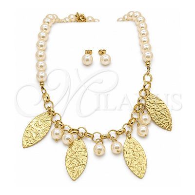 Stainless Steel Necklace, Bracelet and Earring, Ball Design, with White Pearl, Polished, Golden Finish, 06.116.0180