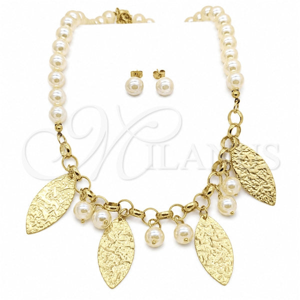 Stainless Steel Necklace, Bracelet and Earring, Ball Design, with White Pearl, Polished, Golden Finish, 06.116.0180
