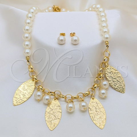 Stainless Steel Necklace, Bracelet and Earring, Ball Design, with White Pearl, Polished, Golden Finish, 06.116.0180