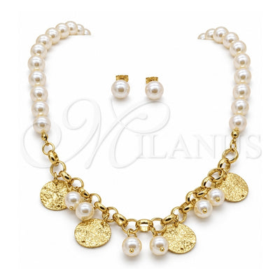 Stainless Steel Necklace, Bracelet and Earring, Ball Design, with White Pearl, Polished, Golden Finish, 06.116.0181