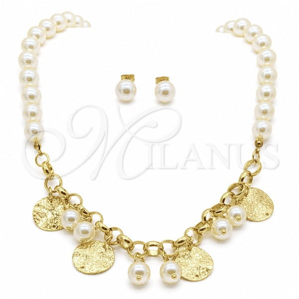 Stainless Steel Necklace, Bracelet and Earring, Ball Design, with White Pearl, Polished, Golden Finish, 06.116.0181