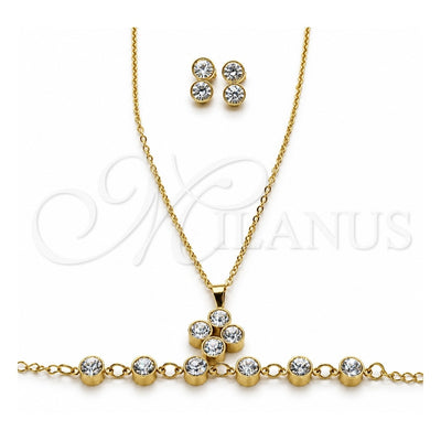 Stainless Steel Necklace, Bracelet and Earring, with White Crystal, Polished, Golden Finish, 06.116.0182