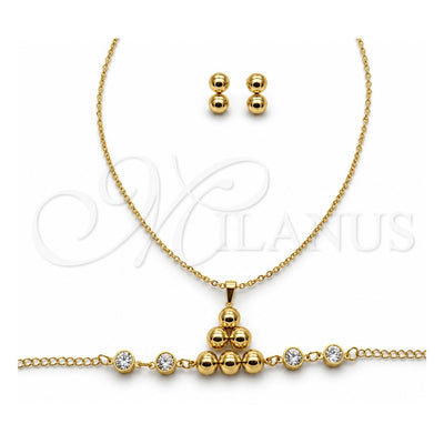 Stainless Steel Necklace, Bracelet and Earring, Ball Design, with White Crystal, Polished, Golden Finish, 06.116.0183
