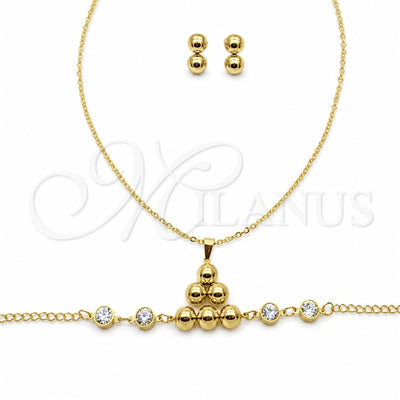 Stainless Steel Necklace, Bracelet and Earring, Ball Design, with White Crystal, Polished, Golden Finish for wholesale, main product view
