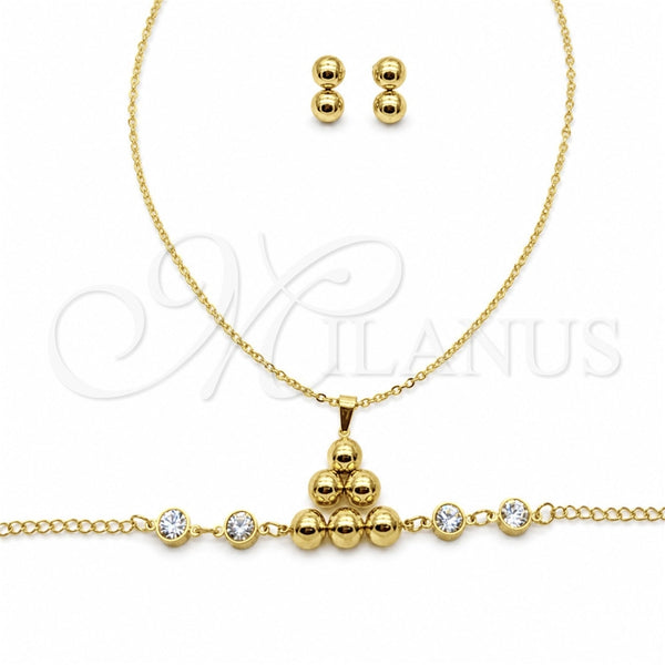 Stainless Steel Necklace, Bracelet and Earring, Ball Design, with White Crystal, Polished, Golden Finish, 06.116.0183