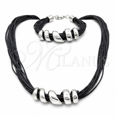 Stainless Steel Necklace and Bracelet, Black Leather Finish, Rhodium Finish, 06.116.0185 for wholesale, main product view