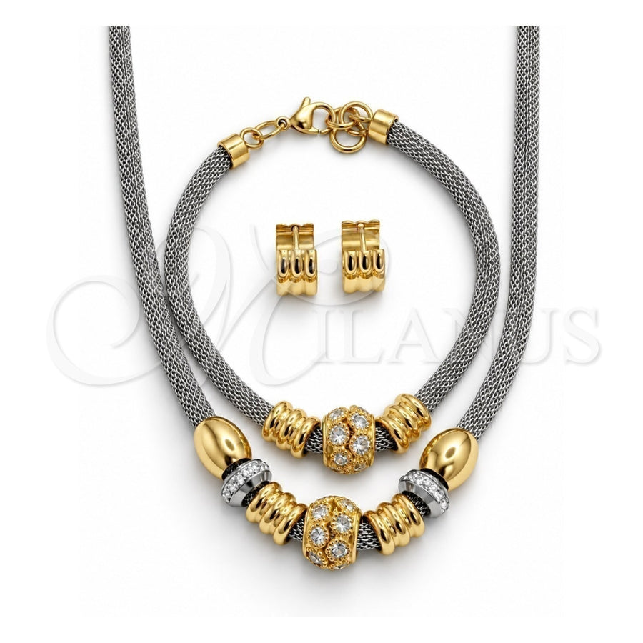 Stainless Steel Necklace, Bracelet and Earring, with White Cubic Zirconia and White Crystal, Polished, Two Tone, 06.116.0186