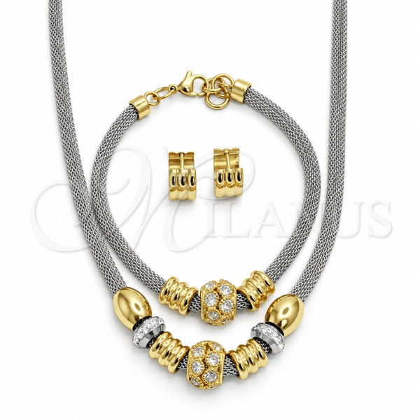 Stainless Steel Necklace, Bracelet and Earring, with White Cubic Zirconia and White Crystal, Polished, Two Tone, 06.116.0186
