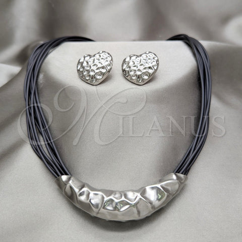Stainless Steel Necklace and Earring, Heart Design, Black Leather Finish, Rhodium Finish, 06.116.0187