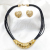 Stainless Steel Necklace and Earring, Heart Design, Black Leather Finish, Golden Finish, 06.116.0187.1