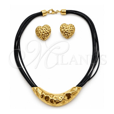 Stainless Steel Necklace and Earring, Heart Design, Black Leather Finish, Golden Finish, 06.116.0187.1