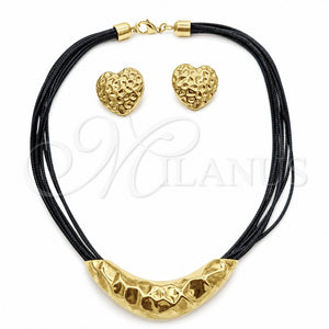 Stainless Steel Necklace and Earring, Heart Design, Black Leather Finish, Golden Finish, 06.116.0187.1