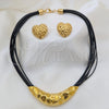 Stainless Steel Necklace and Earring, Heart Design, Black Leather Finish, Golden Finish, 06.116.0187.1