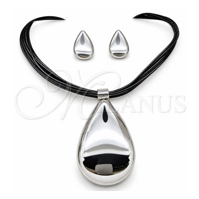 Stainless Steel Necklace and Earring, Black Leather Finish, Golden Finish, 06.116.0188