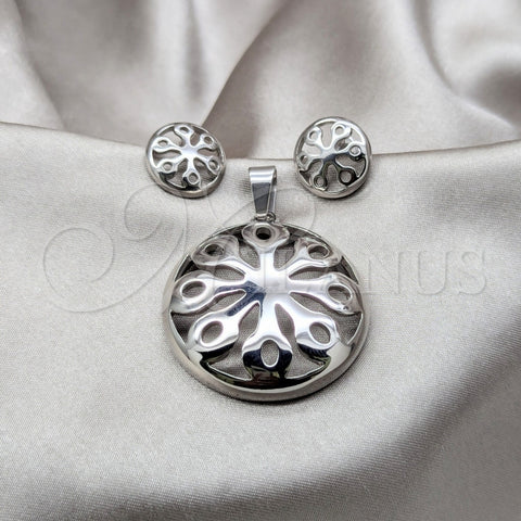 Stainless Steel Necklace and Earring, Flower Design, Polished, Black Rhodium Finish, 06.116.0193