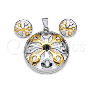 Stainless Steel Necklace and Earring, Flower Design, Polished, Two Tone, 06.116.0193.1