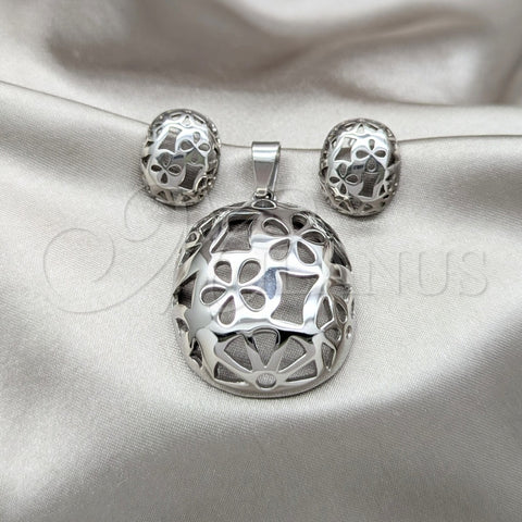 Stainless Steel Necklace and Earring, Flower Design, Polished, Two Tone, 06.116.0195