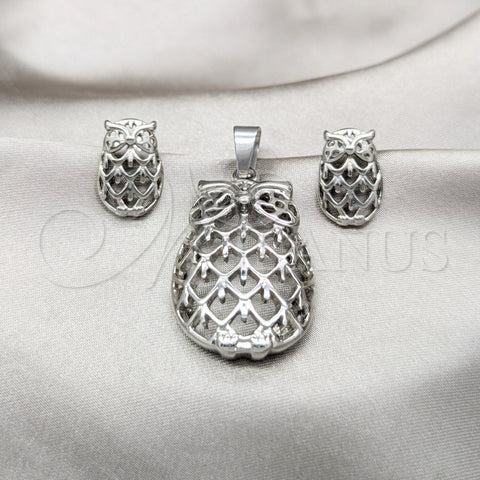 Stainless Steel Necklace and Earring, Owl Design, Polished, Rhodium Finish, 06.116.0199