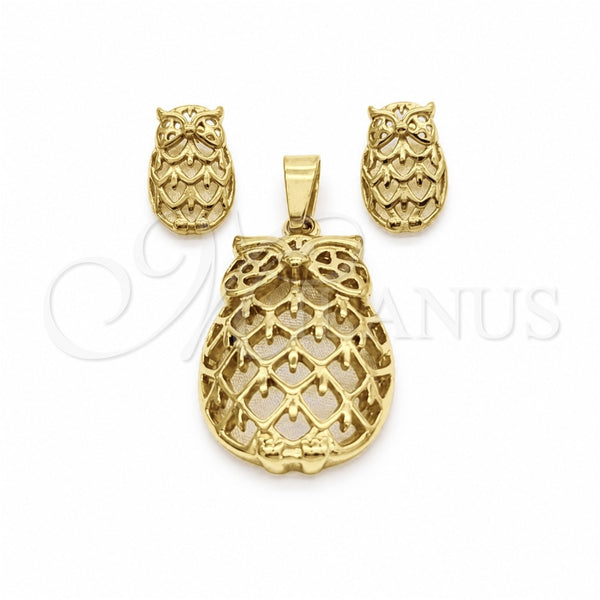 Stainless Steel Necklace and Earring, Owl Design, Polished, Golden Finish, 06.116.0199.1