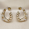 Oro Laminado Stud Earring, Gold Filled Style Teardrop and Leaf Design, with White Cubic Zirconia and White Micro Pave, Polished, Golden Finish, 02.283.0415