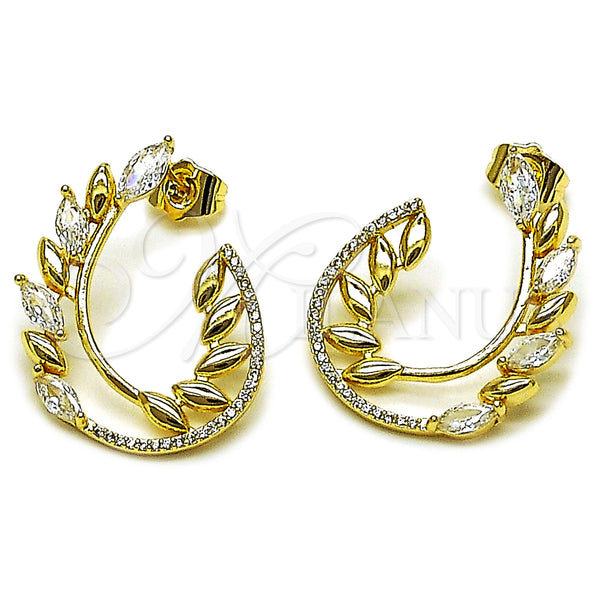 Oro Laminado Stud Earring, Gold Filled Style Teardrop and Leaf Design, with White Cubic Zirconia and White Micro Pave, Polished, Golden Finish, 02.283.0415