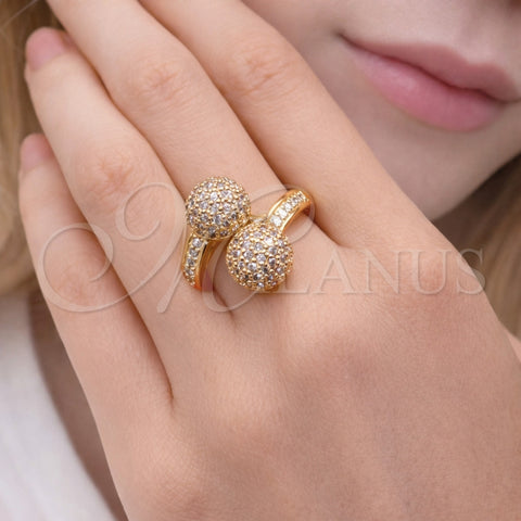 Oro Laminado Multi Stone Ring, Gold Filled Style Ball Design, with White Cubic Zirconia, Polished, Golden Finish, 01.283.0059 (One size fits all)