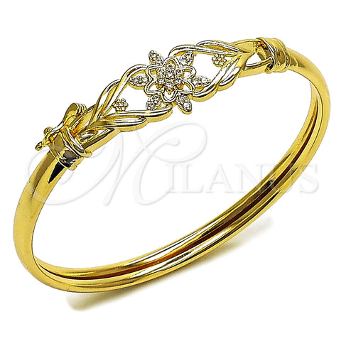 Oro Laminado Individual Bangle, Gold Filled Style Flower Design, with White Cubic Zirconia, Polished, Golden Finish, 07.237.0007.04 (Thickness, Size 4 (2.25 Diameter))