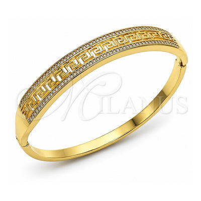 Oro Laminado Individual Bangle, Gold Filled Style Greek Key Design, with White Micro Pave, Polished, Golden Finish, 07.237.0011.04 (Thickness, Size 4 (2.25 Diameter))