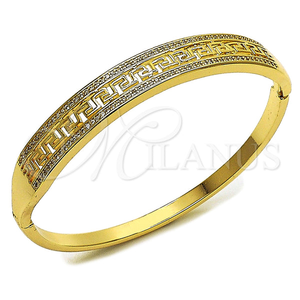 Oro Laminado Individual Bangle, Gold Filled Style Greek Key Design, with White Micro Pave, Polished, Golden Finish, 07.237.0011.04 (Thickness, Size 4 (2.25 Diameter))