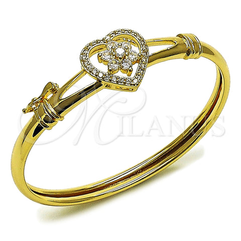 Oro Laminado Individual Bangle, Gold Filled Style Heart and Flower Design, with White Cubic Zirconia, Polished, Golden Finish, 07.237.0015.04 (Thickness, Size 4 (2.25 Diameter))